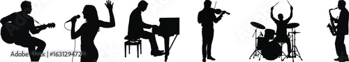 Musician silhouette vector set with guitar, singer, pianist, violinist, drummer, and saxophonist performing on stage