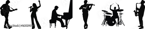 Musician silhouette vector collection with guitar, singer, pianist, violinist, drummer, and saxophonist isolated