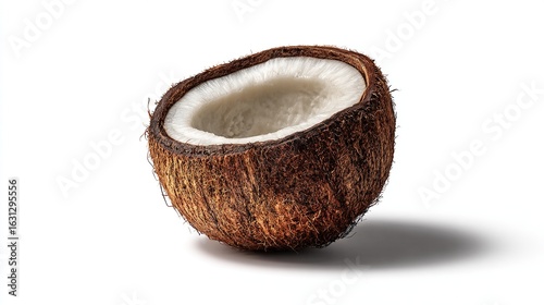 A halved coconut, rough brown exterior, white flesh interior, sits on a white surface, with a shadow