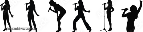 Female singer silhouette vector set with microphone in various dynamic singing and performing poses