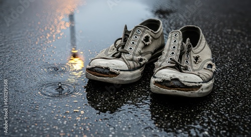 Weathered Soles: Tattered Sneakers on Wet Pavement with Raindrop Ripples