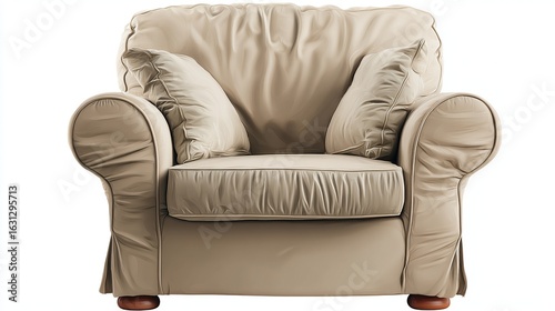 Front view of a plush, beige armchair with cushions on a white background