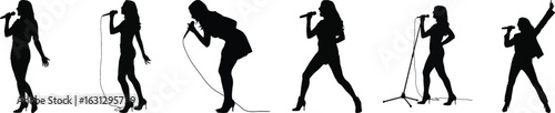 Female singer silhouette vector collection with microphone in different energetic singing and performing poses