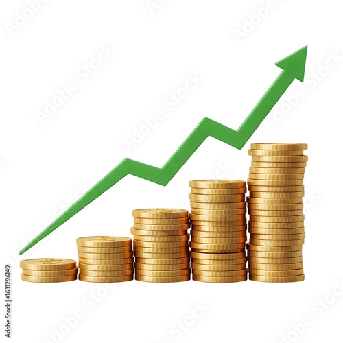 Dynamic green arrow graph soaring above stacks of gold coins symbolizing financial growth and success