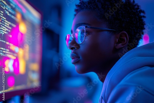 Side profile of a black school student studying IT at a computer, learning digital code online with a focus on AI, cybersecurity threats, and ethical hacking, engaging with advanced, Generative AI