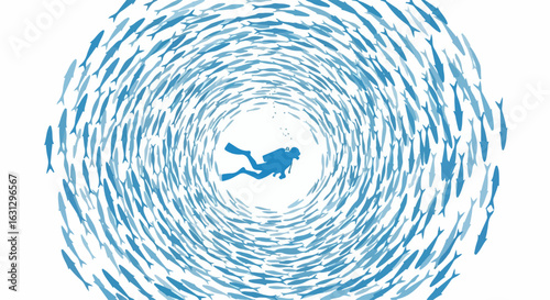 Stylized illustration of a scuba diver at the center of a swirling vortex of blue fish.