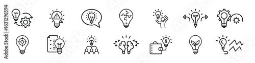 Idea and Innovation Icons – Lightbulb, Strategy, Brainstorming, Creative Thinking, icons of light bulbs, brainstorming, teamwork, creative process, innovation ideas, knowledge sharing, problem solving