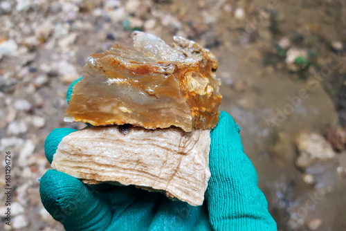 Geological sample of chalcedony on limestone rock, silicification of sedimentary rocks, field photo
