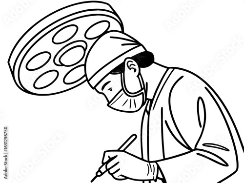 "Cartoon-style vector icon of an operation room doctor with gloves and scalpel, front-facing, clean lines"
