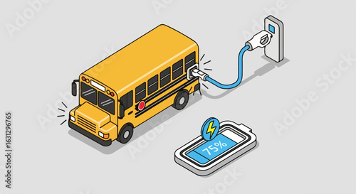 Isometric illustration of a yellow electric school bus plugged into a charging station, with a battery level icon.