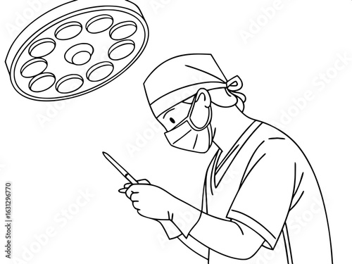 "Cartoon-style vector icon of an operation room doctor with gloves and scalpel, front-facing, clean lines"