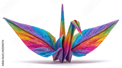 A vibrant, multicolored origami crane, meticulously folded from richly hued paper, displays intricate details and a graceful posture against a stark white background, casting a subtle shadow