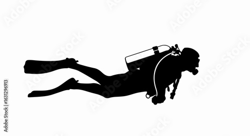Monochrome silhouette of a scuba diver in a horizontal swimming pose with full equipment.