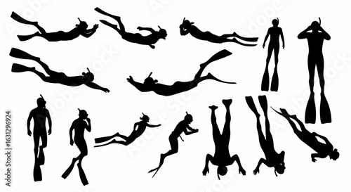 Set of black silhouettes of snorkelers in various dynamic swimming and diving poses.