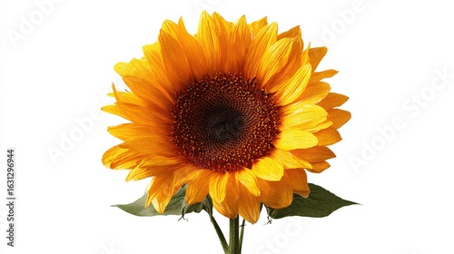 A vibrant, fully bloomed sunflower with rich, dark brown center, bright yellow petals, and two visible green leaves at the base against a stark white background