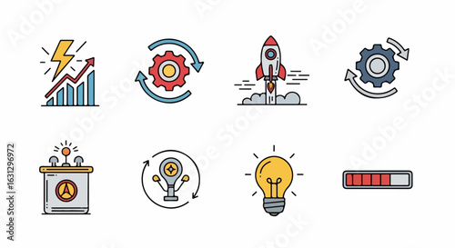 Set of colorful line art icons representing business growth, startup launch, innovation, and workflow automation.