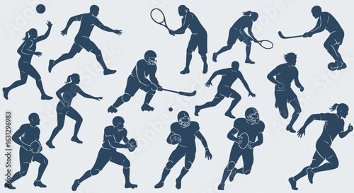 Set of stylized blue silhouettes showing male and female athletes in various dynamic sporting action poses.