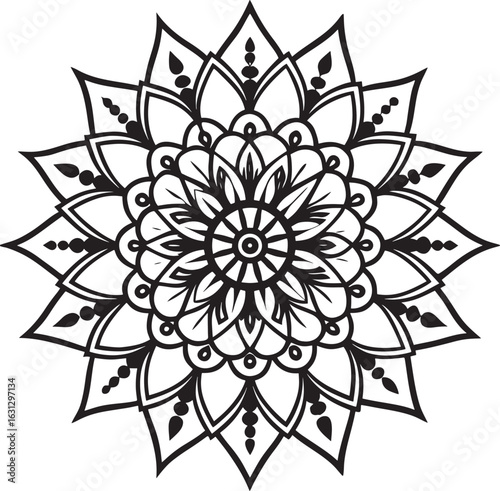 Intricate black and white floral mandala with detailed patterns
