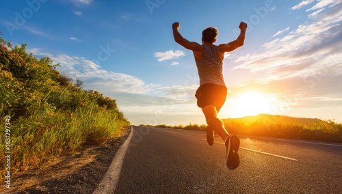 Runner celebrating a successful run at sunset