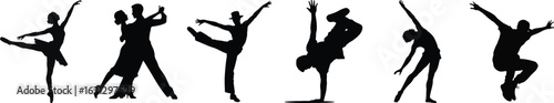Dancer silhouette vector set with ballet, breakdance, and couple dance poses isolated on white background