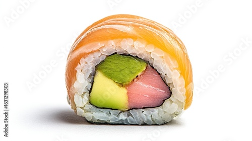 Sushi roll with salmon, avocado, and tuna against a white background