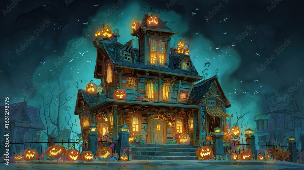 Fototapeta premium Spooky Halloween House with Jack o' lanterns at Night