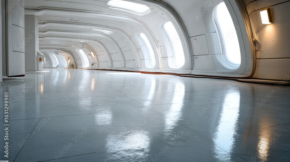 Obraz premium Futuristic corridor with curved white walls, large windows, and glossy floor, evoking clean, modern, and spacious starship interior