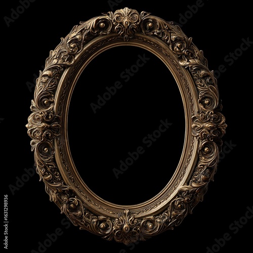 Ornate, antique-style oval frame, dark bronze/gold color, against a black background
