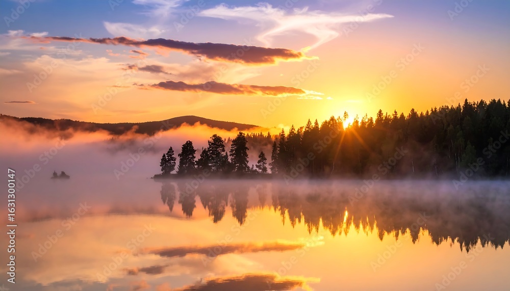 Obraz premium Misty sunrise over lake