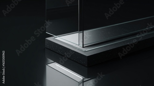 Close-up of a glass display case corner resting on a dark base, showcasing clean lines and reflective surfaces