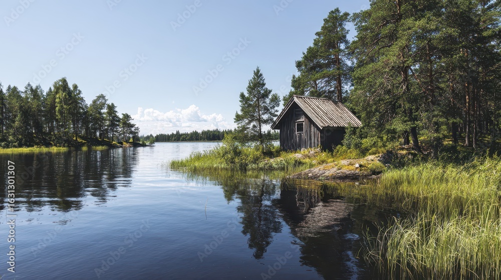 Fototapeta premium A rustic wooden cabin sits on a lakeside island.