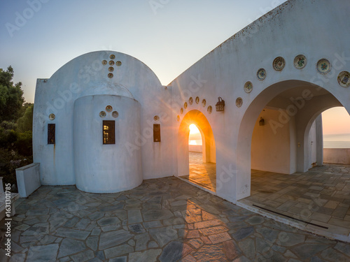 View of Agios Alexandros church in Skiathos, Greece. 