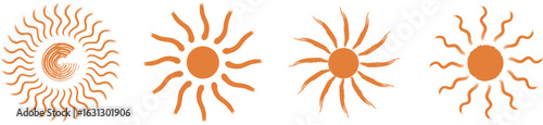 Collection of abstract orange sun icons with various artistic rays in flat style, perfect for summer design, weather symbols, eco branding, decoration, stickers, and digital graphics.