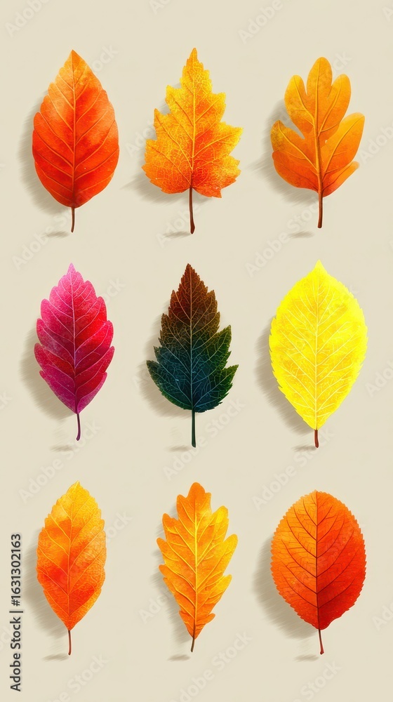 Obraz premium Autumn leaves in various colors arranged on a light background highlighting seasonal beauty and diversity