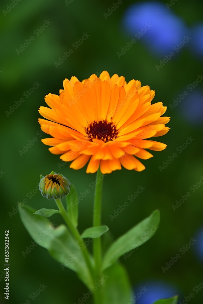 Fototapeta premium Calendula Flower and Bud with Green Foliage