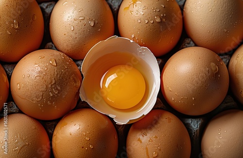 An image of a cracked egg with a plump and bright yolk, suitable for posters in the fresh food section of supermarkets and promotion of organic farms.
