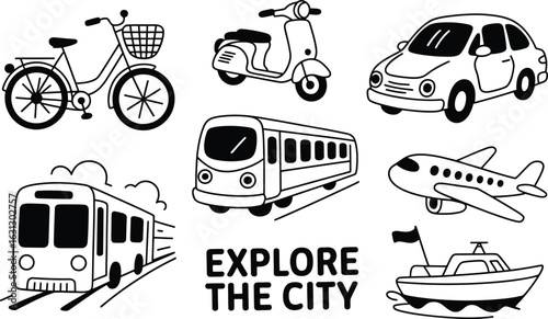 Doodle transportation icons and explore the city text