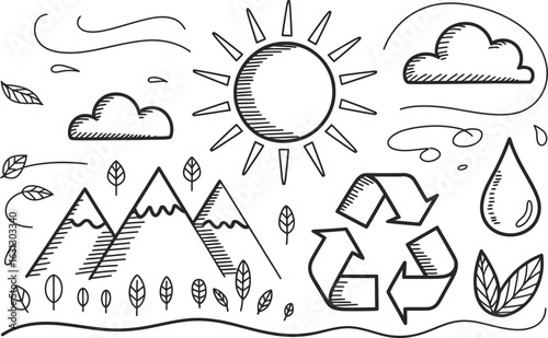 Hand drawn nature and recycling symbols doodle art Keywords: nature, recycling, sun, clouds