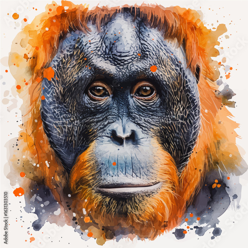 Orangutan, watercolor painting vector, isolated on a white background.