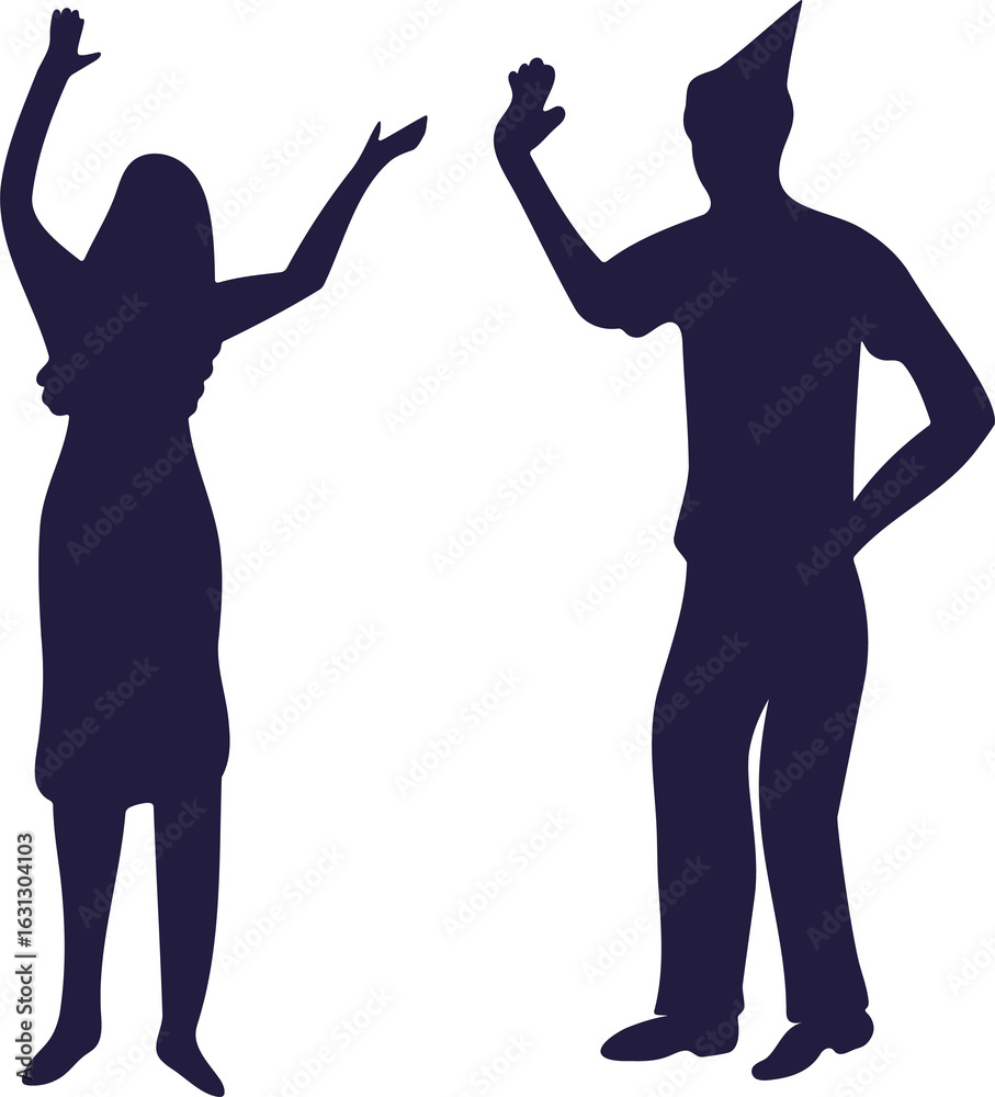 Fototapeta premium Woman and man party silhouettes. People celebrating a special occasion. Group in festive mood for event design.