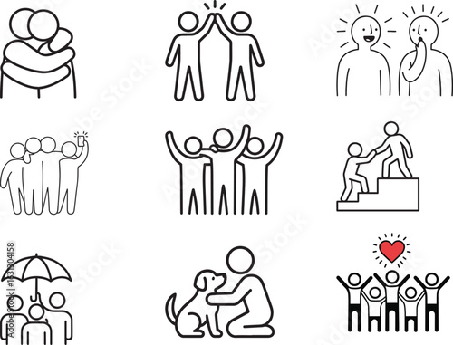 Illustrations of Diverse Depictions of Love and Friendship Showcasing Care, Support, Success, Celebration, and Protection within Relationships