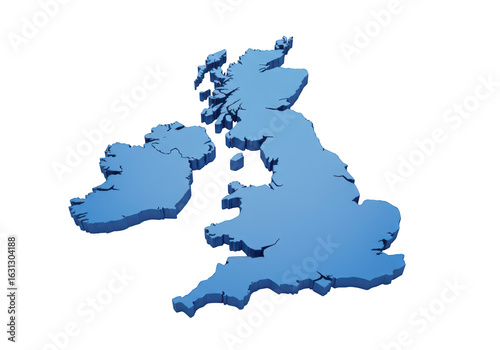 3d blue map of the united kingdom and ireland isolated on transparent background