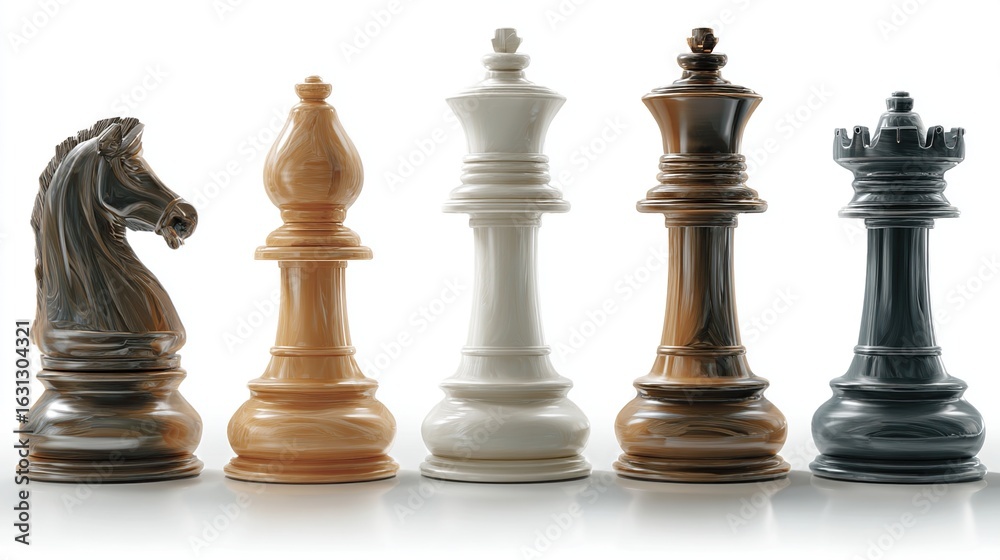 Chess pieces in a row knight, bishop, king, queen, and rook on white background Chess pieces in a row knight, bishop, king, queen, and rook on white background