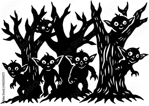 Tiny Goblins Peeking from Tree Silhouette