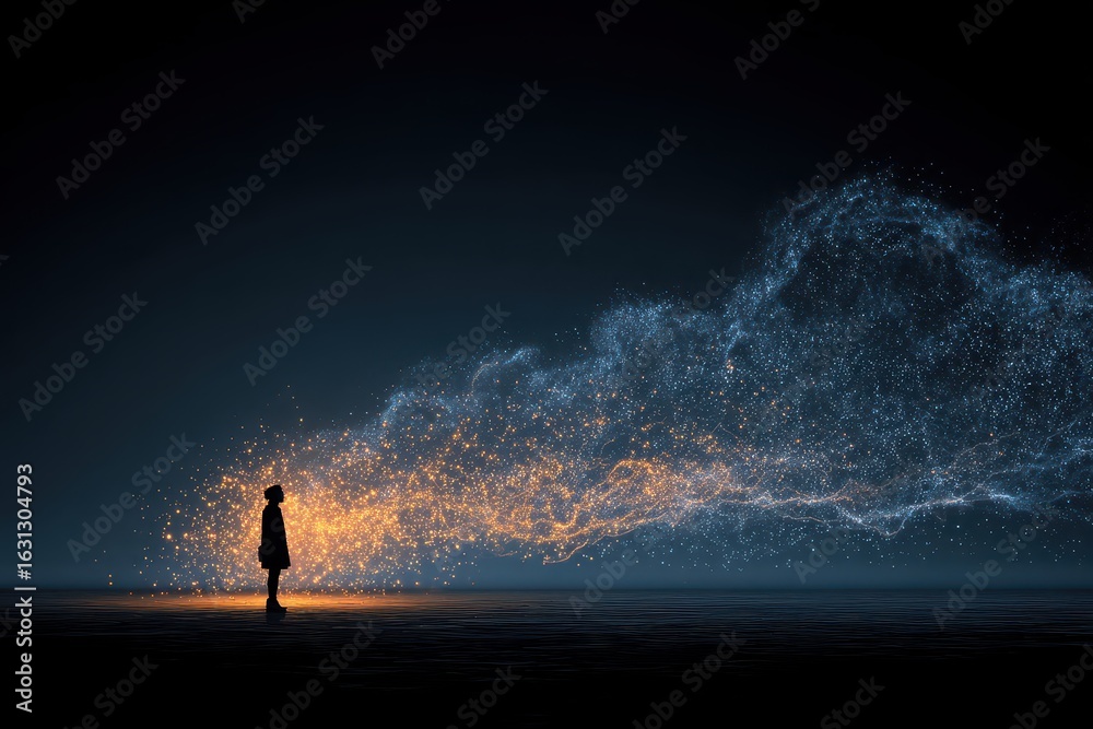 Fototapeta premium Silhouetted Woman Witnessing Celestial Spark Stream at Night