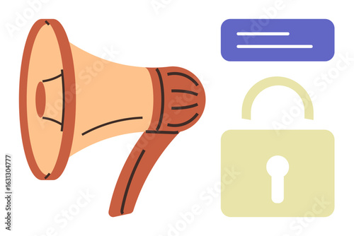 Megaphone representing public announcement, padlock symbolizing security, and text box for messaging. Ideal for communication, cyber security, privacy, marketing, advocacy, public relations