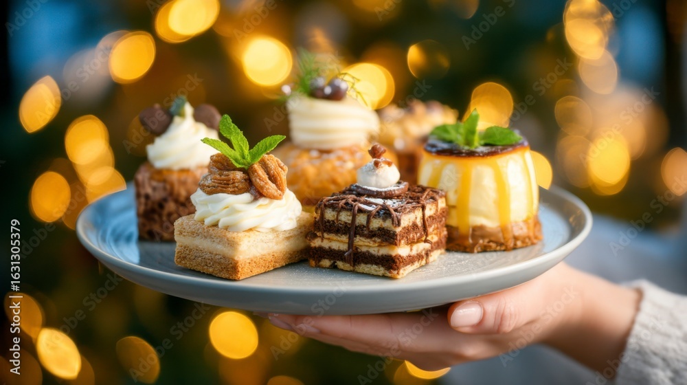 Naklejka premium A hand holding a plate with assorted elegant mini desserts garnished with nuts, cream, and mint leaves, against a warm, festive bokeh light background.