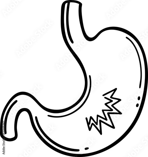 Obesity Health Risks Concept. Illustration of a stomach with pain lines and a wavy shape. Hand-drawn outline icon