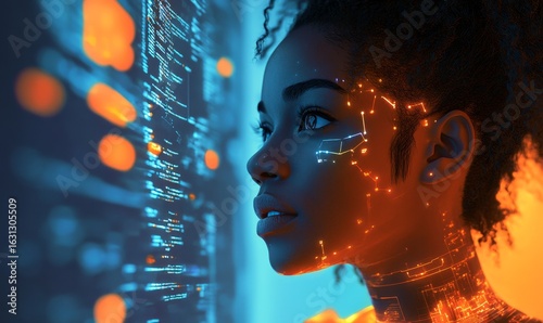 AI cybersecurity threat illustration with a Black African American IT specialist engaged in machine learning and data security. The image blends modern technology with digital safety, Generative AI