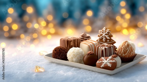 Assorted festive chocolates and truffles decorated with snowflakes and stripes on a white plate, set on snow with warm bokeh lights in the background.